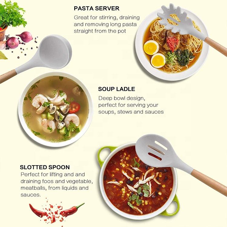 11-Piece BPA-Free Silicone Cooking Utensils Set na may Wooden Handle