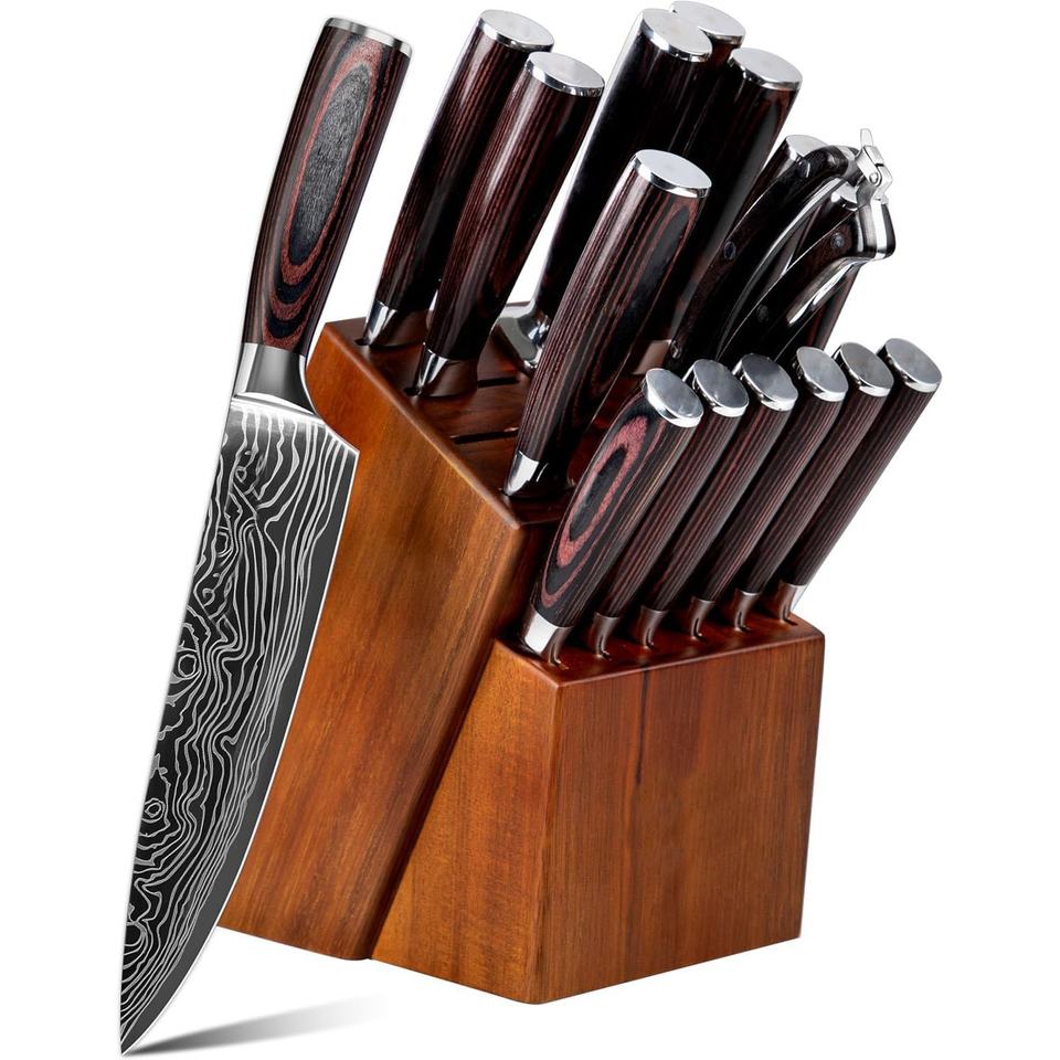 17-Piece Damascus Steel Knife Set na may Acacia Wood Block - Propesyonal na Kusina