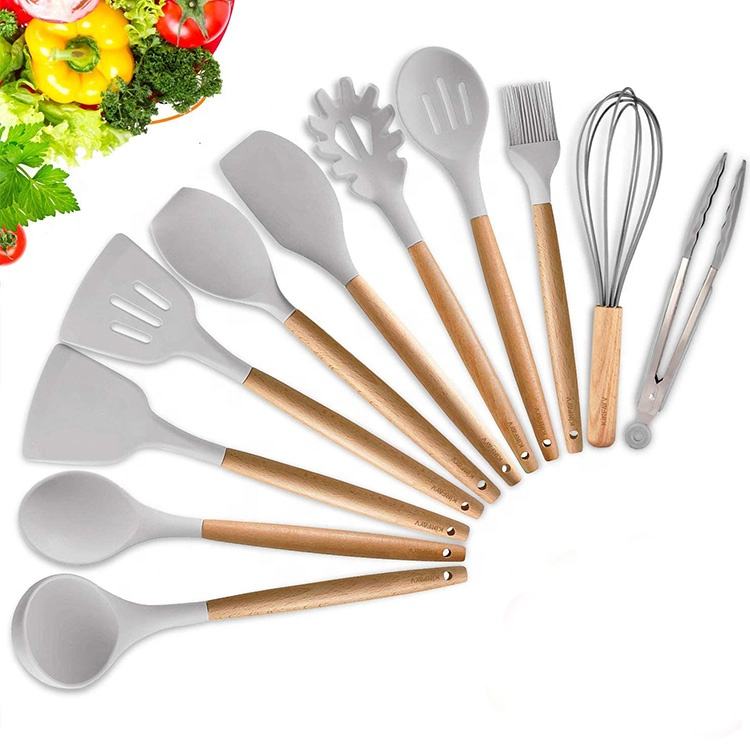 11-Piece BPA-Free Silicone Cooking Utensils Set na may Wooden Handle