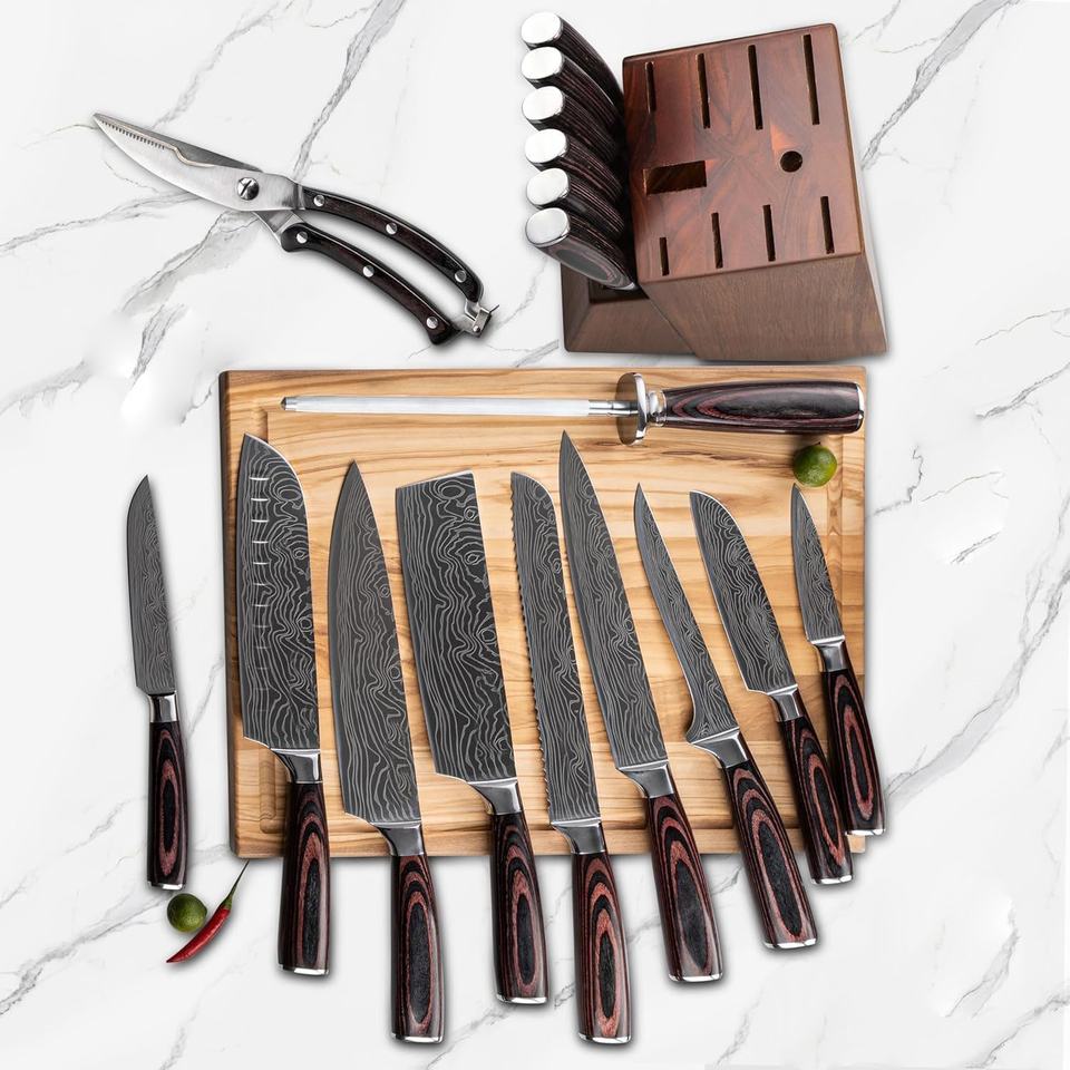 17-Piece Damascus Steel Knife Set na may Acacia Wood Block - Propesyonal na Kusina