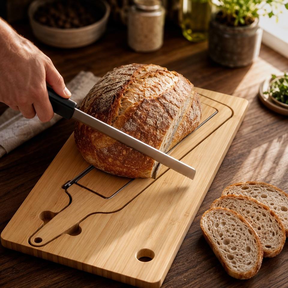 2-in-1 Bamboo Bread at Cheese Cutter na may Stainless Steel Wire at Cutting Board