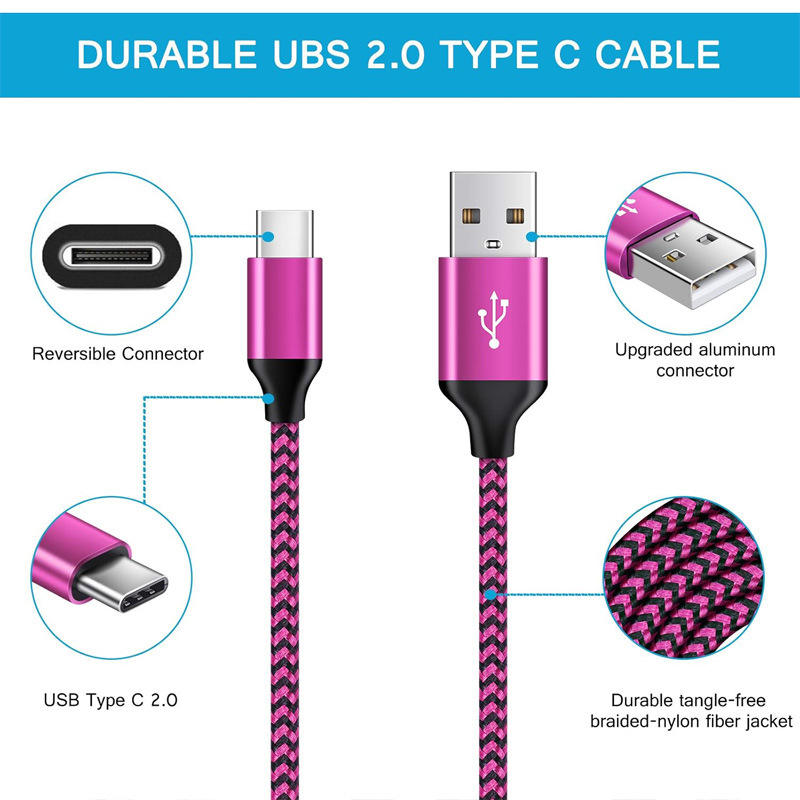 1-3 मीटर शुद्ध कॉपर कंडक्टर फास्ट-चार्जिंग ब्रेडेड यूएसबी-सी डेटा केबल
