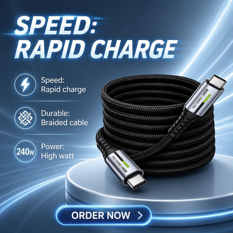 100W PD नायलॉन ब्रेडेड USB C टू C केबल, 480Mbps डेटा ट्रांसफर, फास्ट चार्जिंग