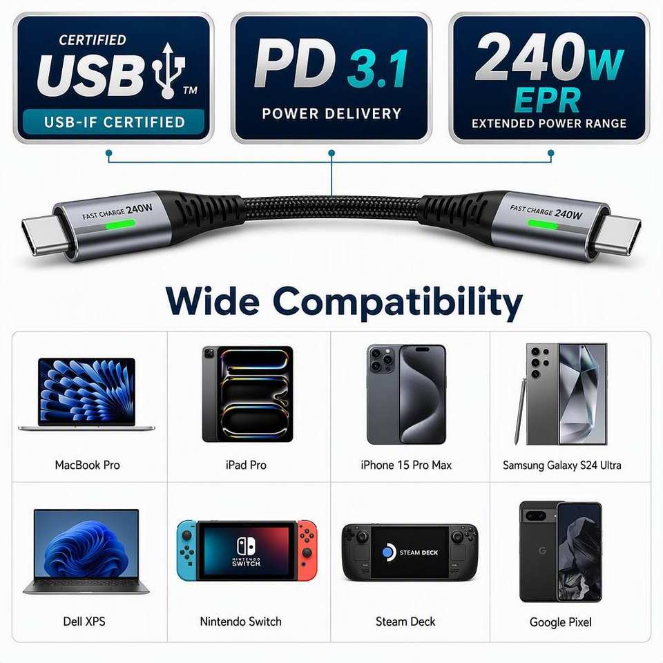 100W PD नायलॉन ब्रेडेड USB C टू C केबल, 480Mbps डेटा ट्रांसफर, फास्ट चार्जिंग