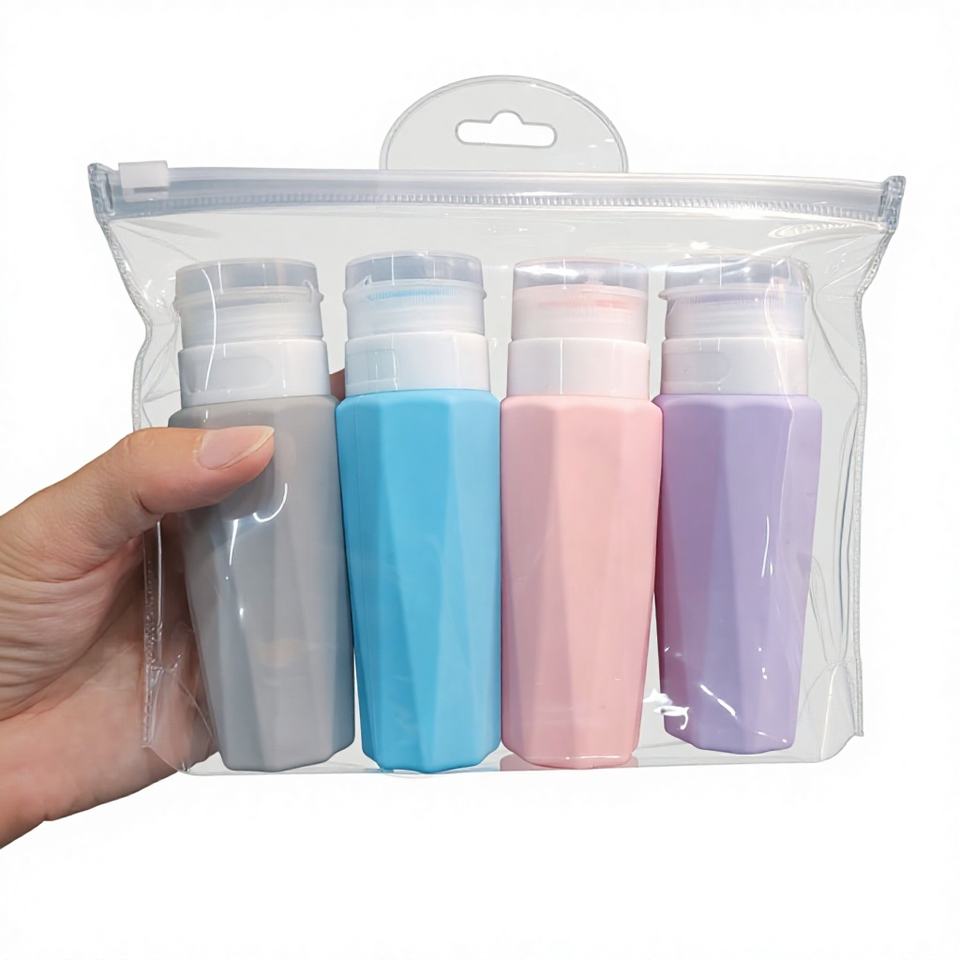सिलिकॉन ट्रैवल बोतल सेट 90ml - मिनिमलिस्ट डिज़ाइन, बाथरूम और कॉस्मेटिक्स के लिए