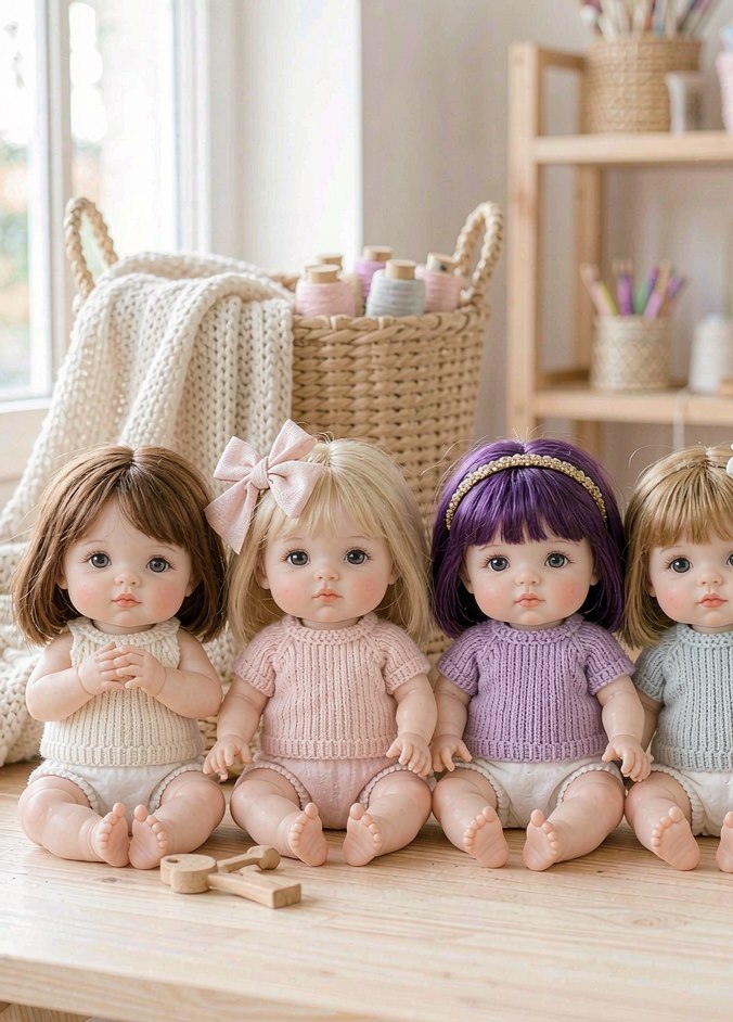 A row of finished soft plush baby dolls on the workbench in the doll studio