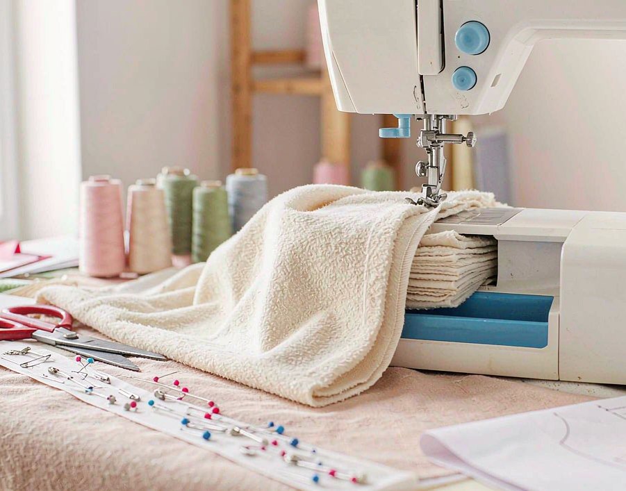Sewing machine stitching plush fabric next to scissors, pins and a paper pattern