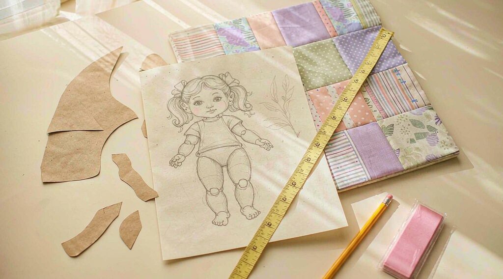 Doll sketch and paper pattern pieces laid out on a design table