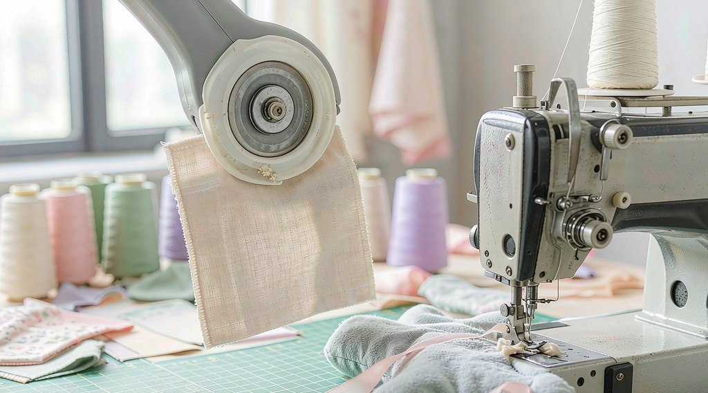 Cutting mat, fabric panels and an industrial sewing machine stitching a plush doll