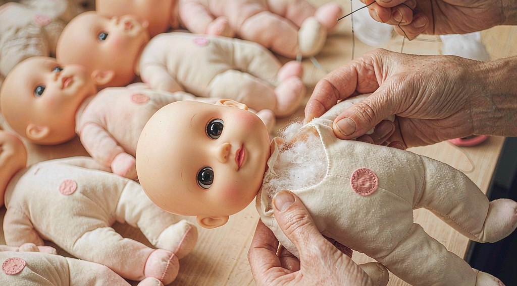 Filling a plush baby doll body by hand before the final closing stitch