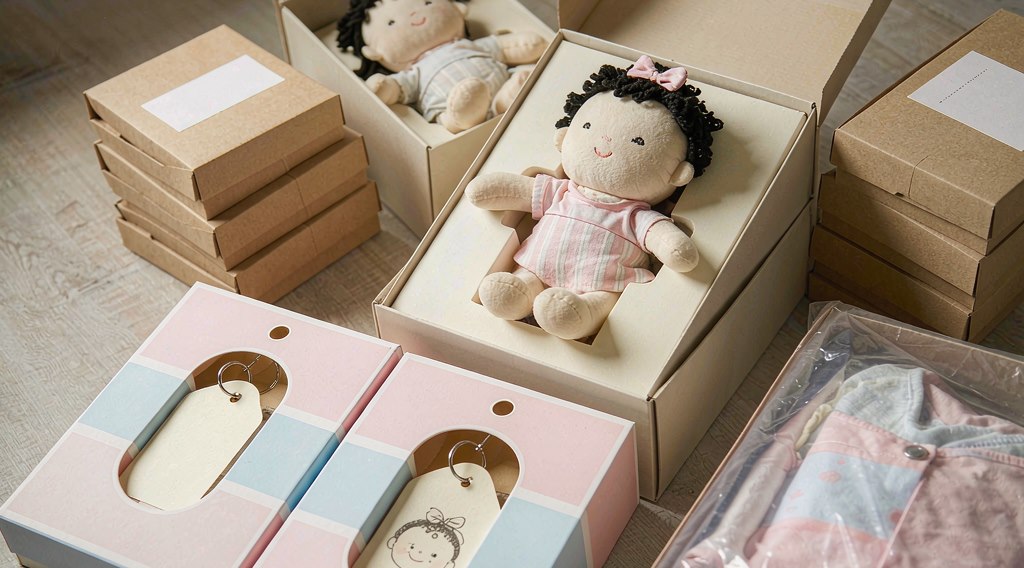 Finished plush dolls packed in retail gift boxes next to stacked export cartons