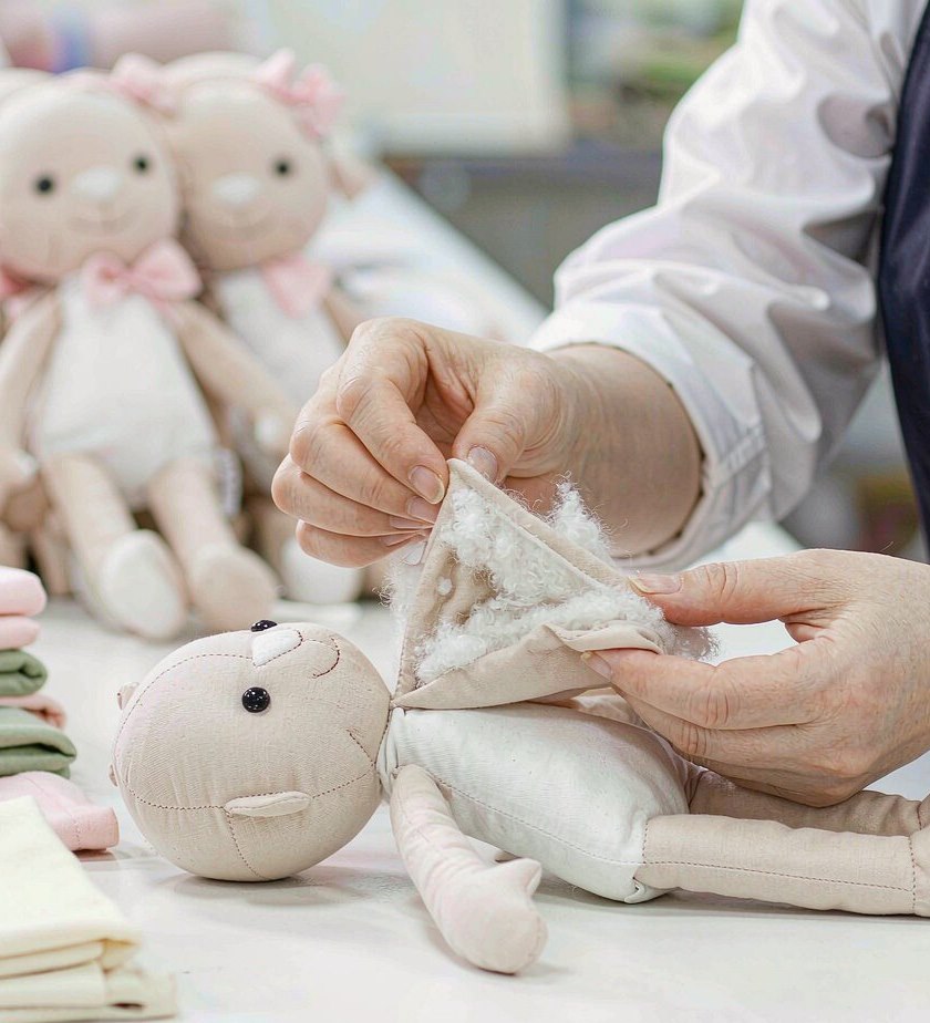 Hands filling a cotton baby doll before packing
