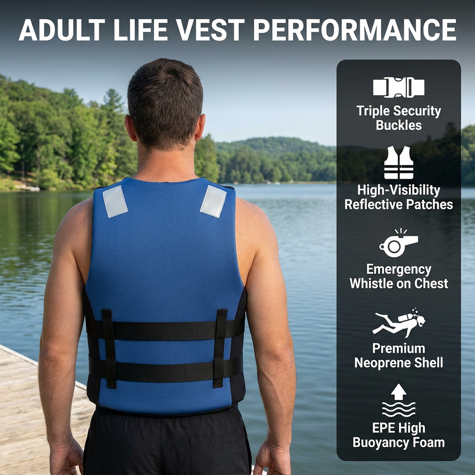 Premium Neoprene Life Jacket for Adults | High Buoyancy Swim Vest with Triple Buckles & Whistle