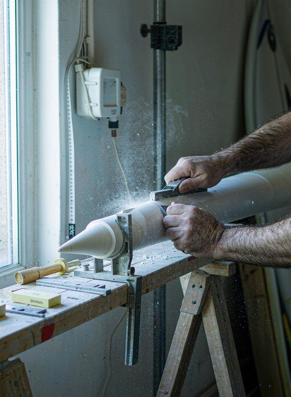 Shaping the rail of a paddleboard blank on a workshop trestle