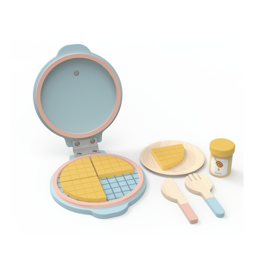Wooden Waffle Machine Toy Set – Educational Pretend Play Kitchen for Kids 3+