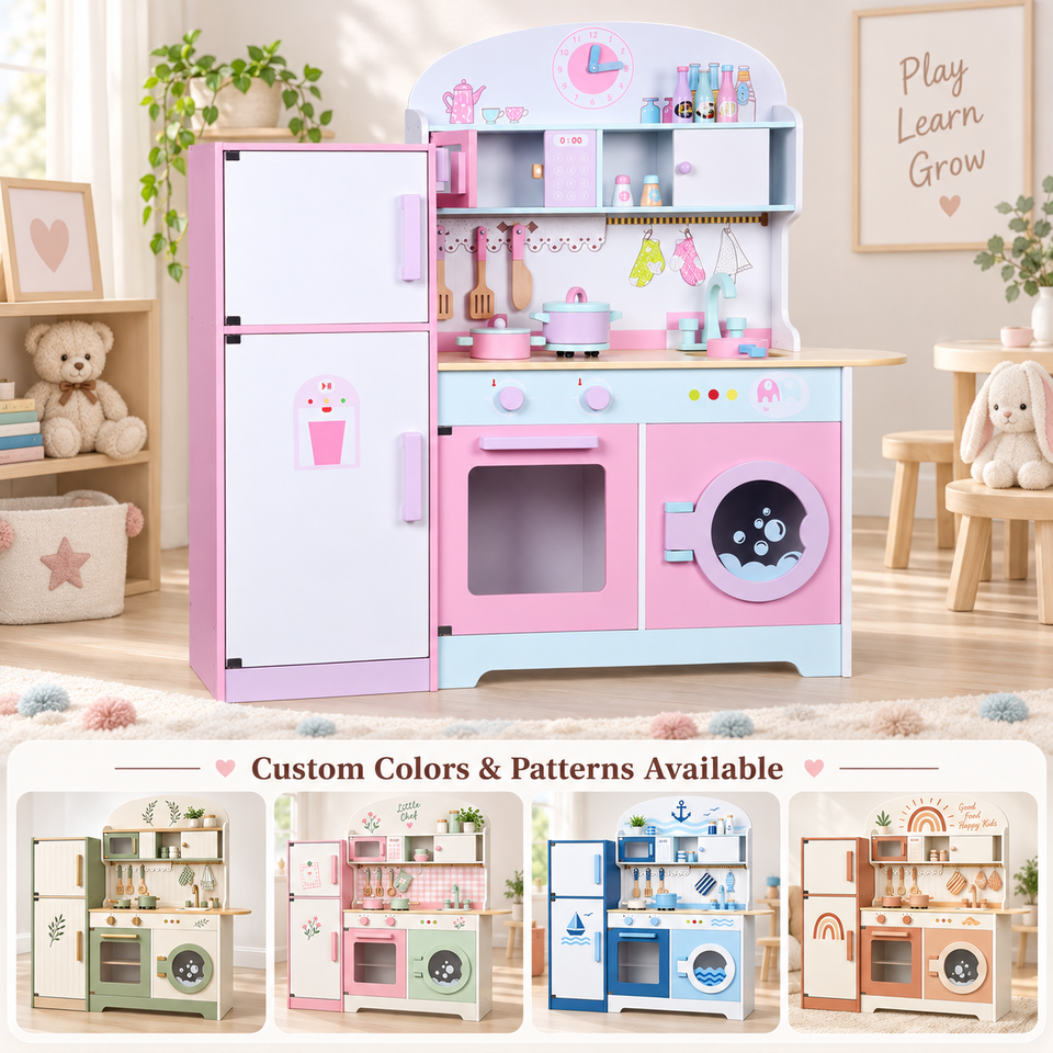 Wooden Play Kitchen Set with Refrigerator & Washing Machine | Custom OEM/ODM Pretend Cooking Toy for Kids