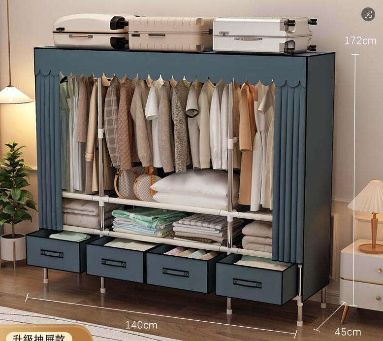 Upgraded Steel Wardrobe with 4 Drawers – 140cm Wide Sturdy Closet Organizer, Full-Zip Design for Bedroom Storage