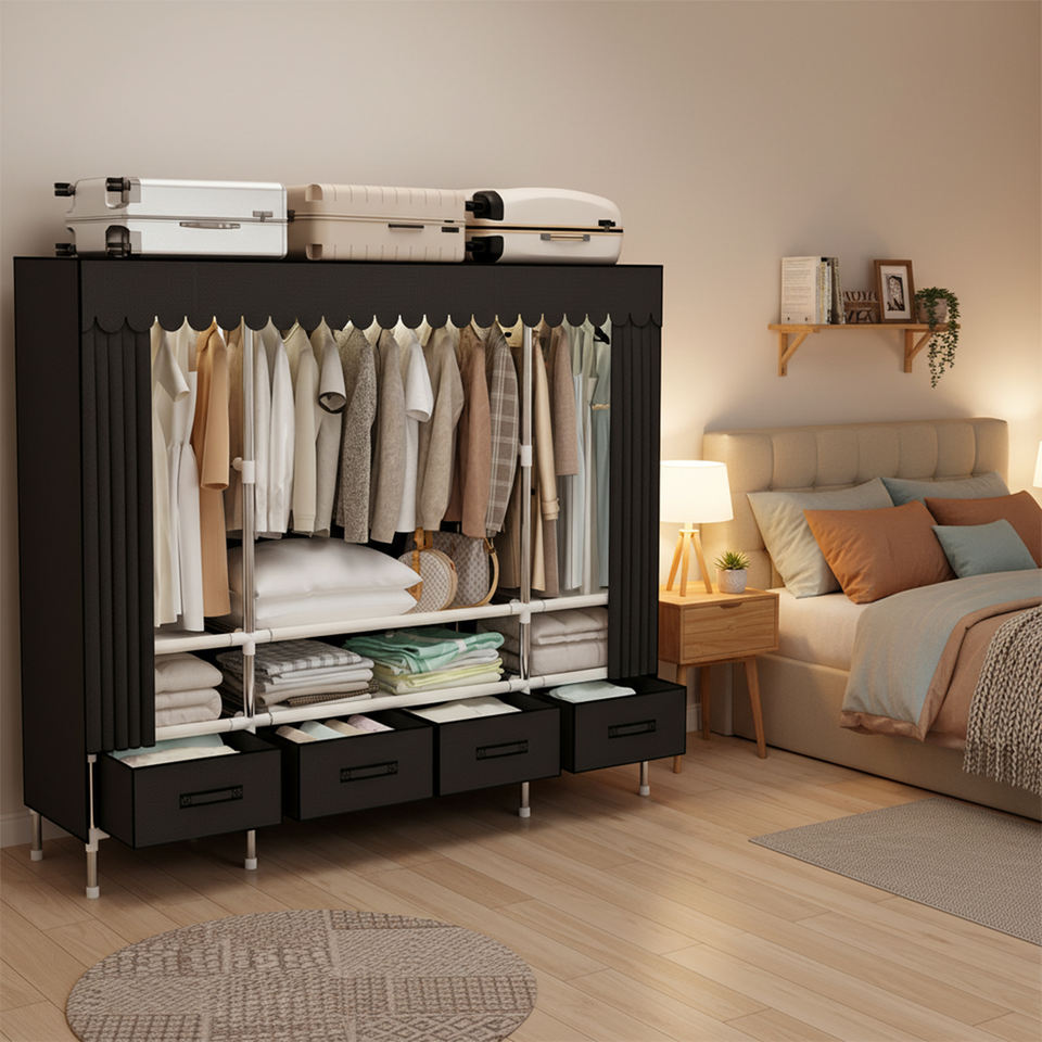Upgraded Steel Wardrobe with 4 Drawers – 140cm Wide Sturdy Closet Organizer, Full-Zip Design for Bedroom Storage