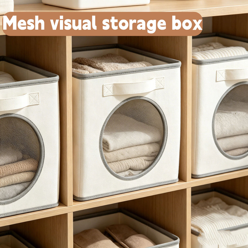 Foldable Fabric Storage Cube with Mesh Window - Dual-Use Toy & Clothes Organizer Bin