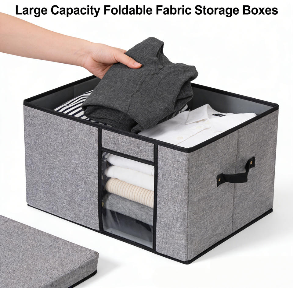 Large Capacity Foldable Fabric Storage Boxes with Lids, Clear Window & Reinforced Handles