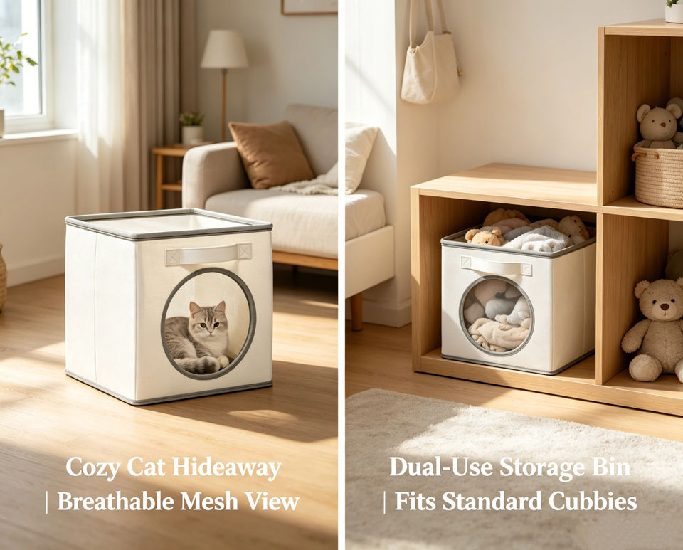 Foldable Fabric Storage Cube with Mesh Window - Dual-Use Toy & Clothes Organizer Bin
