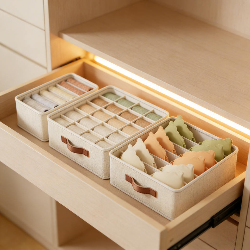 3-Pack Fabric Drawer Organizer Set – Divided Closet Storage Boxes for Socks, Underwear & Bras