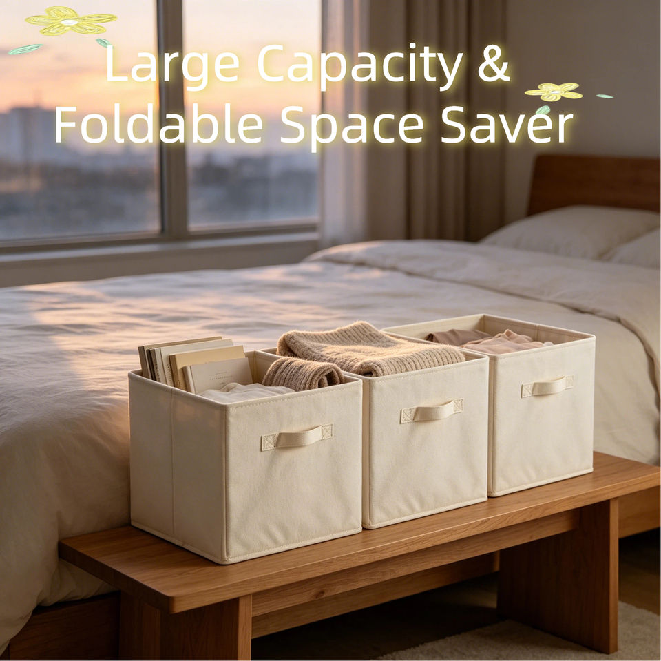 Large Capacity Foldable Cream Fabric Storage Cubes with Reinforced Handles