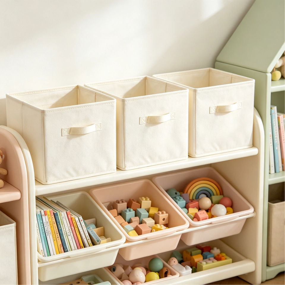 Large Capacity Foldable Cream Fabric Storage Cubes with Reinforced Handles