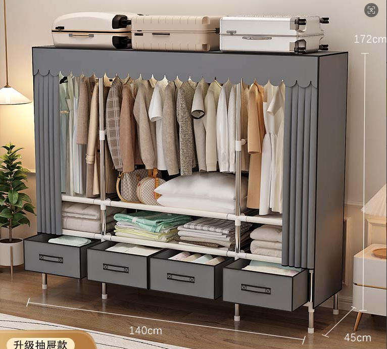 Upgraded Steel Wardrobe with 4 Drawers – 140cm Wide Sturdy Closet Organizer, Full-Zip Design for Bedroom Storage