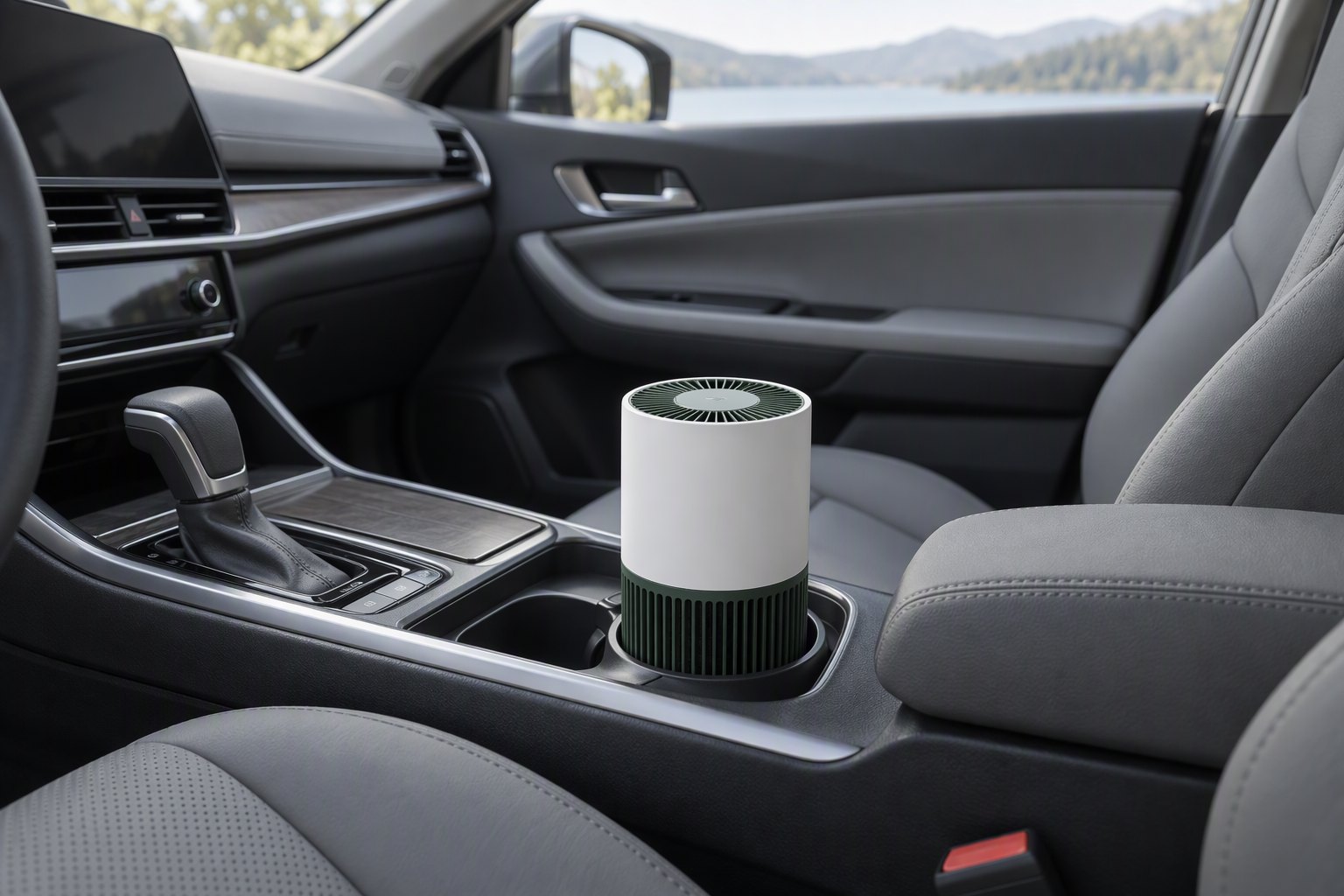 Car air purifier fitted in the centre console cup holder of a modern car