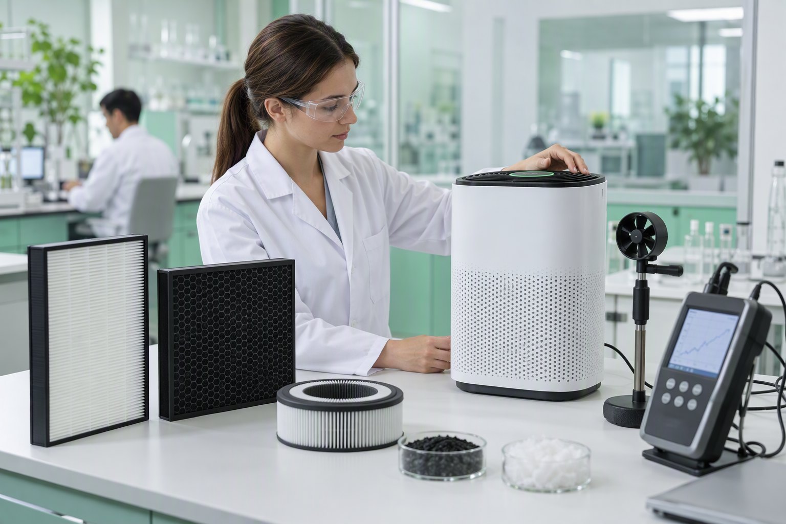 Laboratory testing of a car air purifier with HEPA and activated carbon filter samples