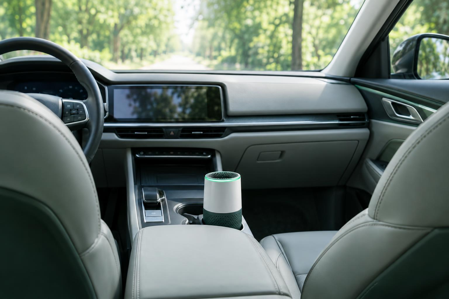Car air purifier in a cup holder inside a modern car cabin