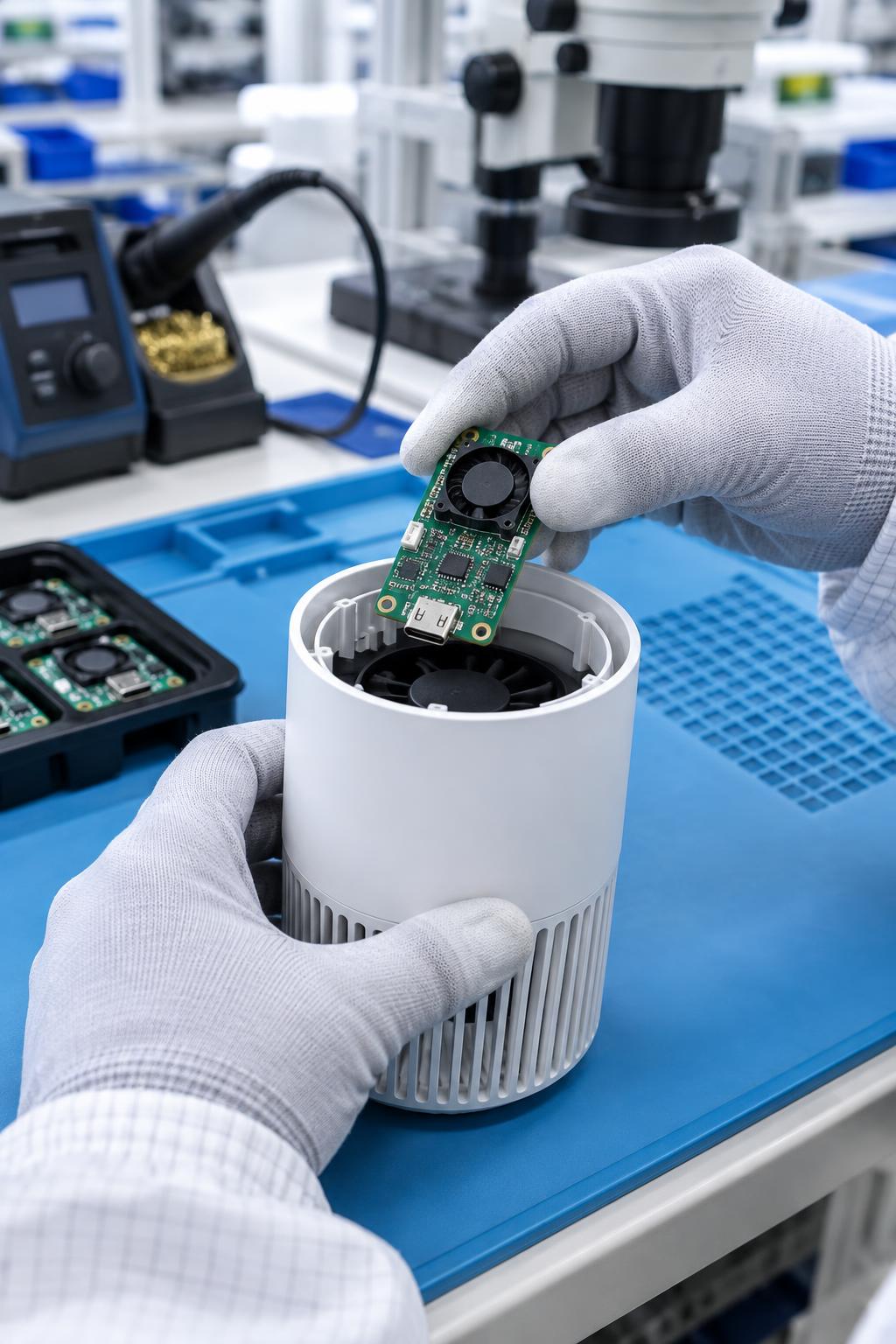 Technician fitting the control PCB into a car air purifier housing