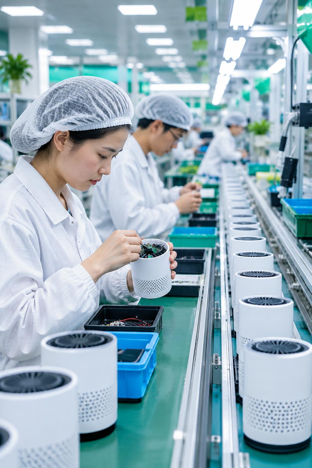 Car air purifier assembly line in a clean electronics factory
