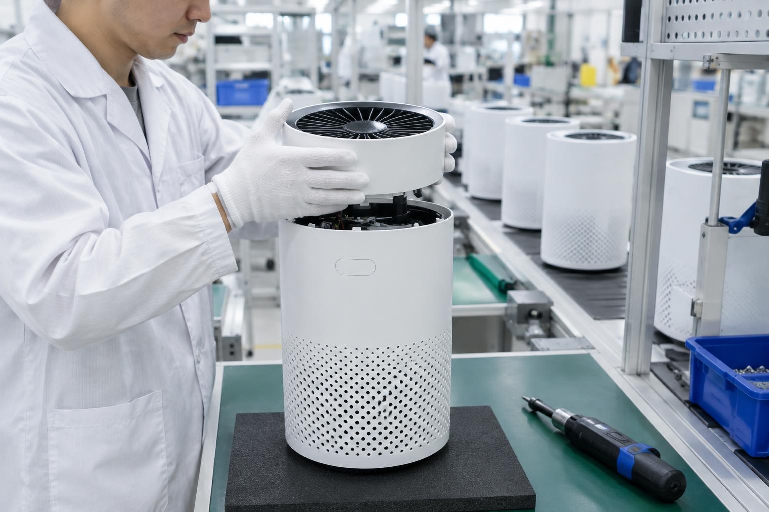 Worker assembling a car air purifier on the production line