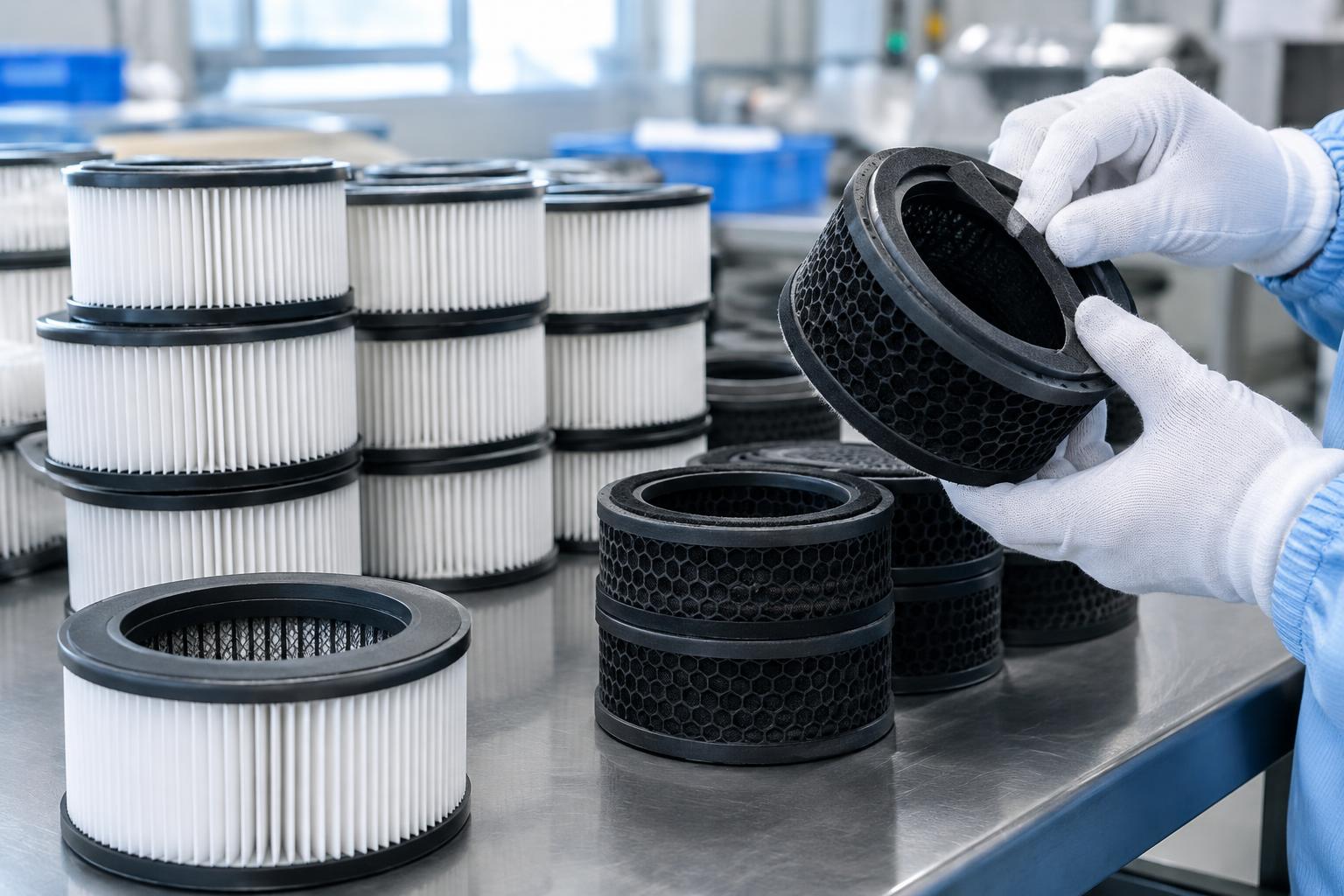 HEPA and activated carbon filter cartridges being checked