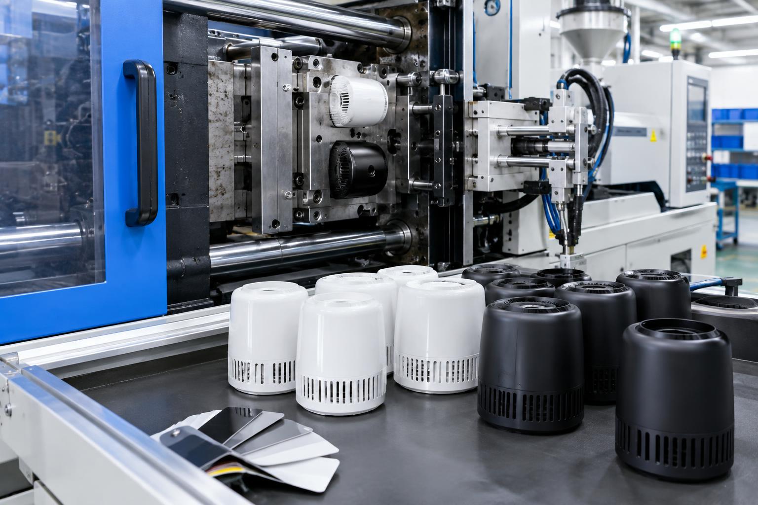 Injection moulded car air purifier housings leaving the machine