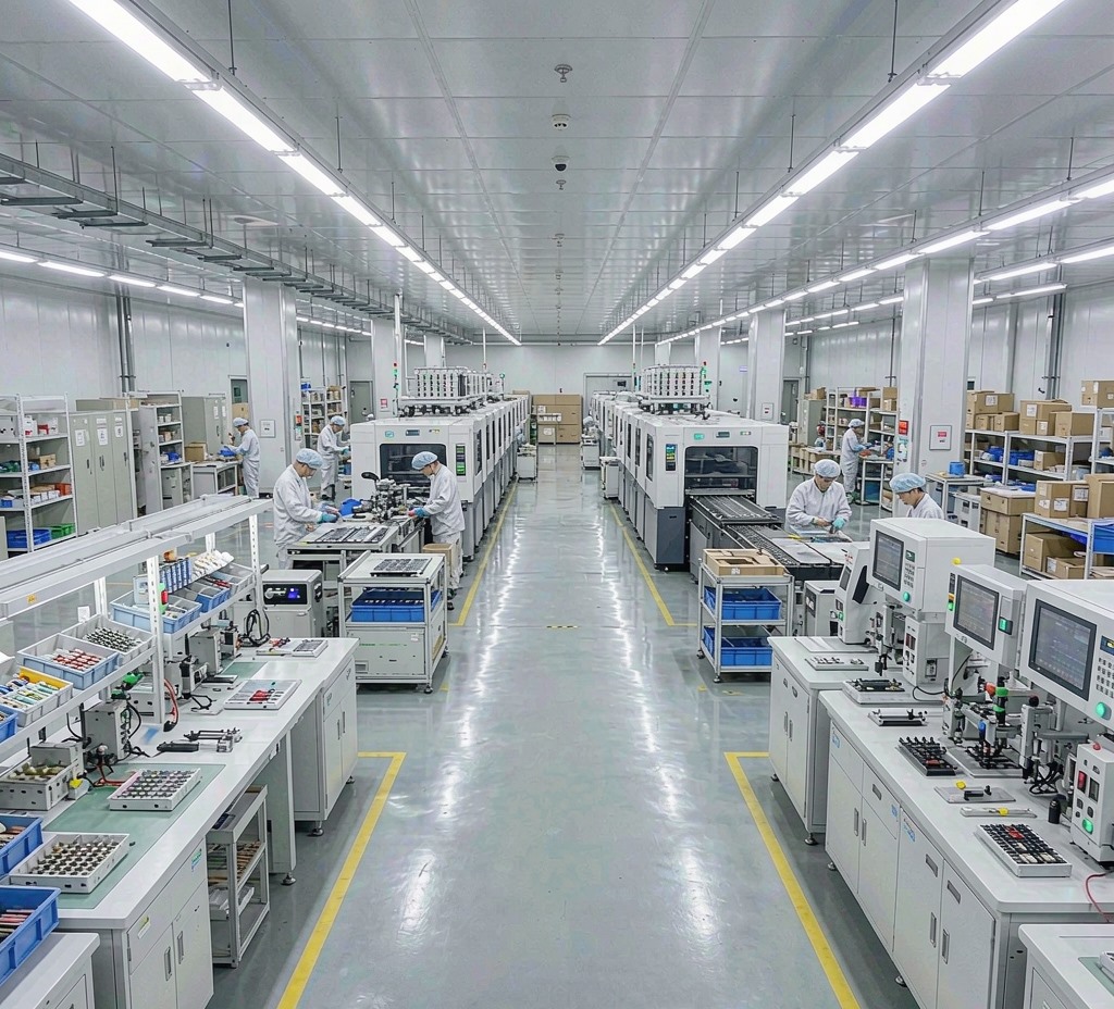 Assembly line flow: SMT, through-hole, test and packing