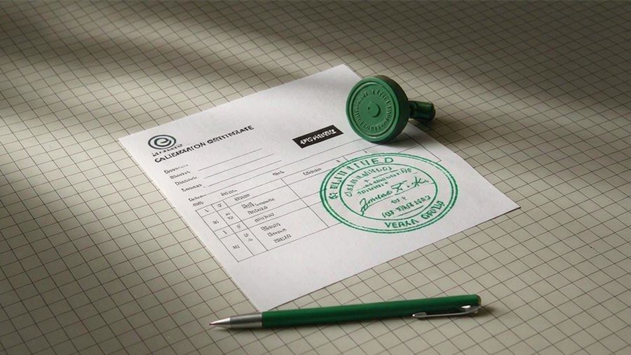 Printed calibration certificate stamped with an approval mark and carrying the serial number of one instrument