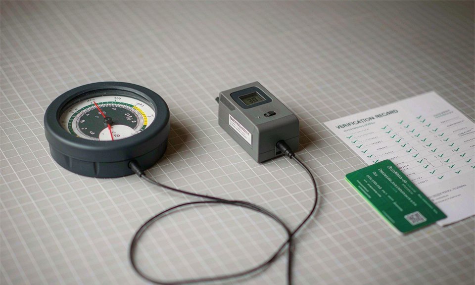 Dial thermometer verified against a reference calibrator with the verification record and certificate on the bench