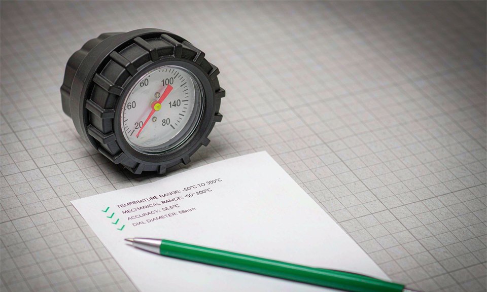 Dial thermometer checked against a printed specification sheet with range, accuracy and category ticked off